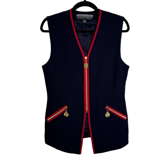 Vintage 1994 Ellen Tracy Navy Wool Zip Vest Gold Accents Sz 10 Red Trim Academia - Picture 1 of 9